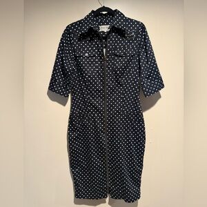 Bettie Page black & white polka dot midi front zipper retro dress